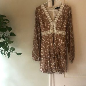 Tan Floral Embroidered Mini Dress
